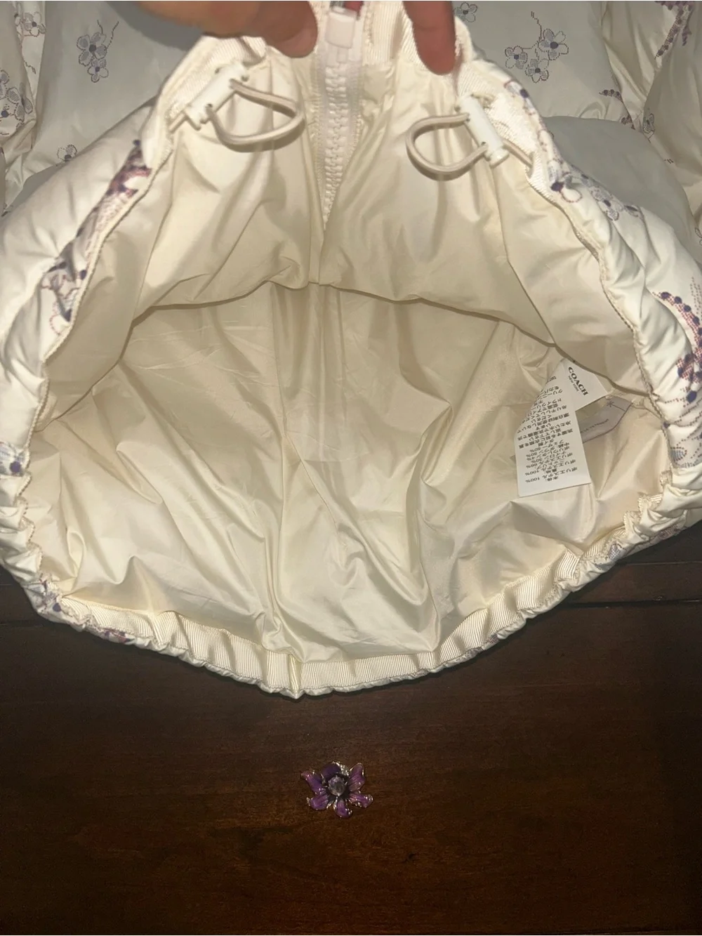 NWOT! Coach Off- White Floral Bow Print Puffer Jacket with Hood size S